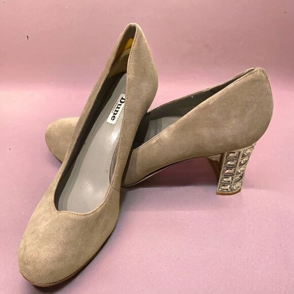 Dune London Shoes - Dune London Bindy Crystal Block Heel Beige Grey Suede Leather Size 10